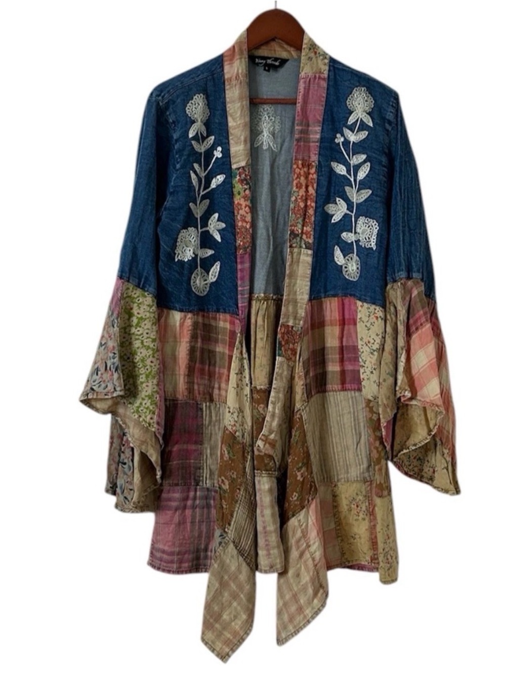 Young threads Boho Embroidered Patchwork Open-Front Kimono - Denim & Multi